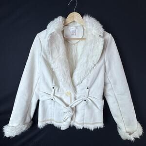 White House Black Market Jacket Womens XS White Faux Suede Fur Belted Coat